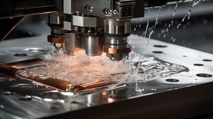 Machine using water pressure to cut through stainless steel materials - obrazy, fototapety, plakaty