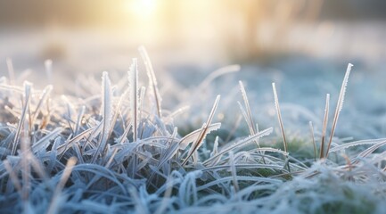 Frozen green grass, grass covered with frost in winter. - Powered by Adobe