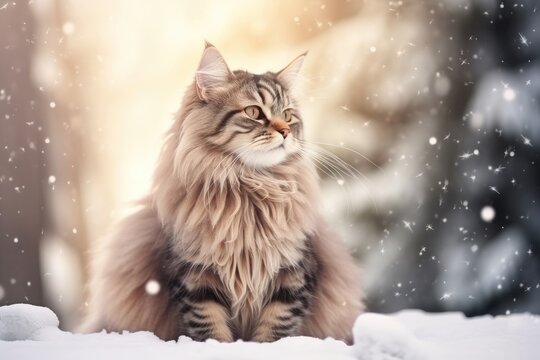 Fluffy cat in a winter landscape.