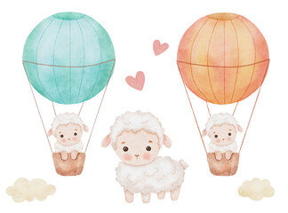 Cute watercolor lamb in red and blue air balloon. Hand drawn illustrations set sheep isolated on white background. Funny Farm animal for kids