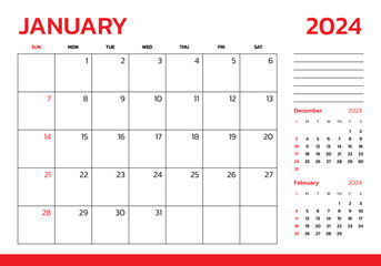 January 2024 Calendar. Week start on Sunday. Desk calendar 2024 design, simple and clean design, Wall calendar for print, digital calendar, Corporate design planner template vector. - obrazy, fototapety, plakaty