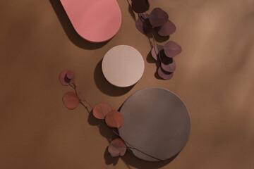 Brown, beige and pink podiums displayed with dried leaves. Top view. Abstract composition in...