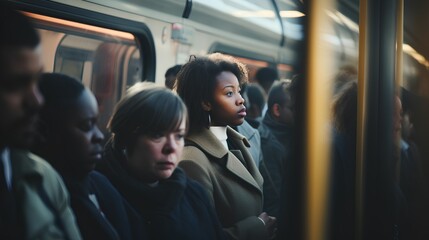 Diverse individuals commuting in a public transport setting. The image captures the essence of daily life. - obrazy, fototapety, plakaty