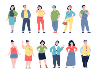 Plus size body positive person wear stylish outfits. Chubby flat characters, joyful curvy women and men. Cartoon obese people recent vector set