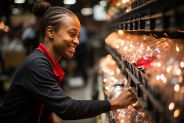 Store's staff preparing for Black Friday by stocking shelves and arranging displays, Generative AI