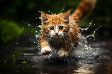 Playful and Rain-Drenched Little Red Kitten Frolicking Through Puddles After the Rain, Focused Gaze in Every Leap