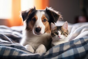 cute little cat and dog in bed at home, Generative AI