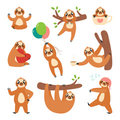 Isolated cartoon funny sloth characters. Asleep, hanging and meditation sloths. Wild animal baby mascots, cute classy lazy animals vector clipart © LadadikArt