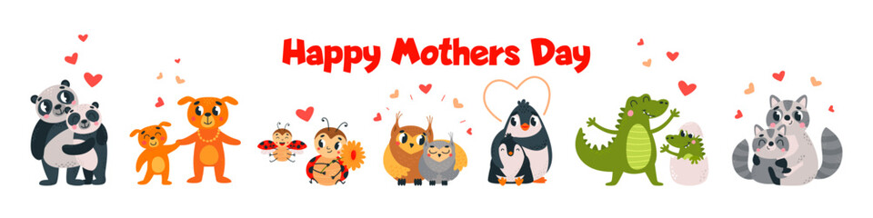 Mothers day banner with cubs and mother animals in love. Family caring and children support. Wild animal and babies, classy vector cartoon concept