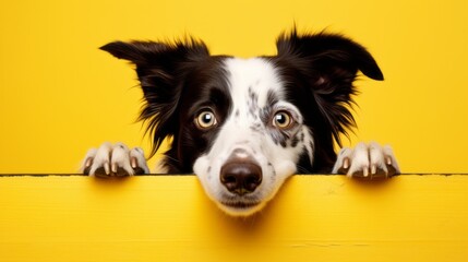 A Border Collie Peeking Over a Yellow Fence