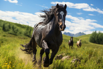 Obraz premium Majestic Black Stallion, Horse Galloping Across a Lush Meadow Against the Backdrop of a Blue Sky and Majestic Mountains