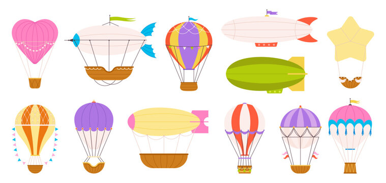 Cartoon air balloons. Sky flying air balloons various style. Flat adventures and travel retro transport, vintage transportation racy vector elements