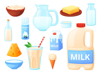 Dairy products. Cartoon cheese, milk and yogurt, isolated creamy ice cream in waffle cone. Butter on plate, jar of milkshake, nowaday vector set