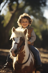 Obraz premium Young and Joyful Boy, Sporting a Radiant Smile, Astride a Pony on a Sunny Summer Day