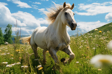 Obraz na płótnie Canvas Graceful White Stallion, Horse Galloping Across a Sunlit Meadow on a Beautiful Summer Day, Capturing the Essence of Freedom and Natural Splendor