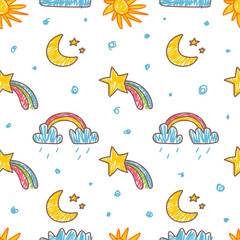 Fototapeta premium Weather childish seamless pattern. Color pencils drawing sun, rainbow and clouds. Children style fabric print, wallpaper design. Classy kids vector background