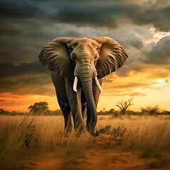Fototapeta na wymiar majestic elephant in the plain at sunset, AI generated