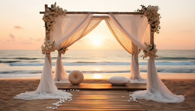 beach wedding stage at sunset, with a bamboo structure