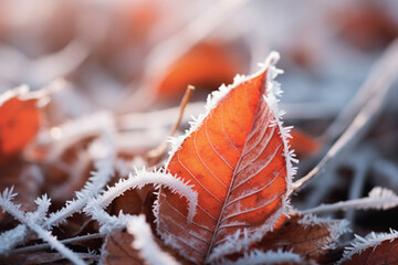 Frosty macro stock photography autumn leaves on a winter morning snow ground. Generative AI