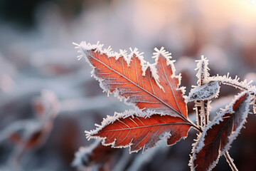 Frosty macro stock photography autumn leaves on a winter morning snow ground. Generative AI
