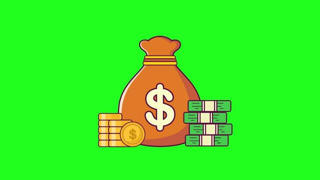 Money bag and stack of coins with green screen dollar sign
