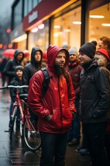 Naklejka premium Long queue of people outside a retail store, eagerly waiting for the doors to open on Black Friday, Generative AI