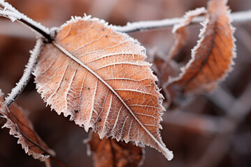 Frosty macro stock photography autumn leaves on a winter morning snow ground. Generative AI
