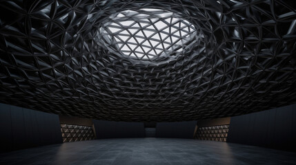 a black ceiling has a structure of metal grids, in the style rendered in cinema4d, Western Zhou...