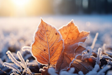 Frosty macro stock photography autumn leaves on a winter morning snow ground. Generative AI