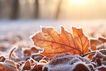 Frosty macro stock photography autumn leaves on a winter morning snow ground. Generative AI