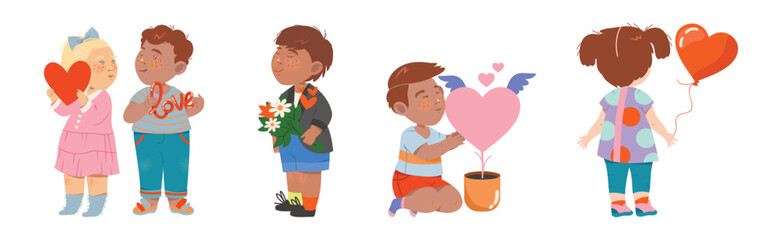 Obraz premium Little Kids in Love with Heart Feeling Affection Vector Set