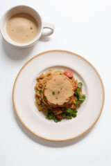 food and cup on table