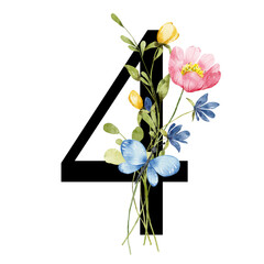 Number 4, four with watercolor flowers hand painting. Perfectly for anniversary, wedding invitation, greeting card, logo, poster and other floral design. Isolated on white background.