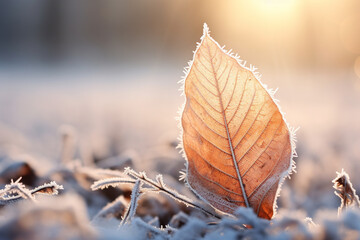 Frosty macro stock photography autumn leaves on a winter morning snow ground. Generative AI