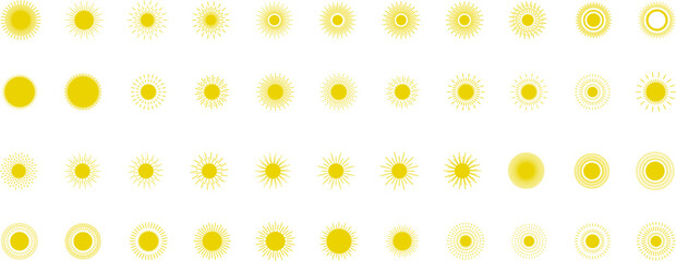 Sun icon set. Yellow sun star icons or logo collection. Summer, sunlight, sunset, sunburst. Vector illustration.