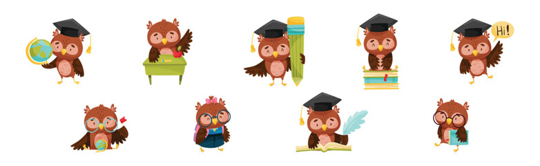 Funny Smart Owl Character Engaged in Study and Education Vector Set