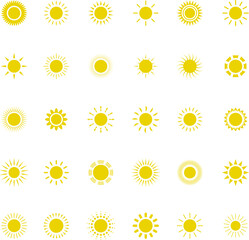 Sun icon set. Yellow sun star icons or logo collection. Summer, sunlight, sunset, sunburst. Vector illustration.