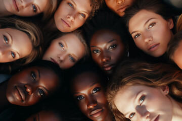 Photo of multiracial female faces view from top