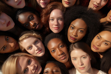 Obraz premium Photo of multiracial female faces view from top