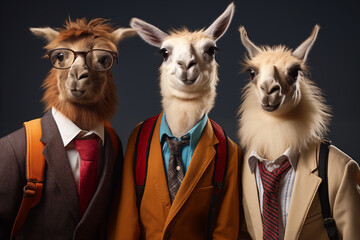 Photo of 3 lama animals in geek clothes