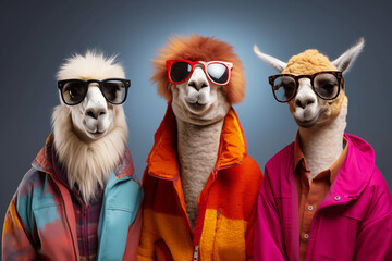 Photo of lama animals in funny clothes in studio