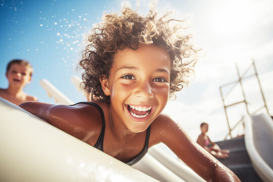 Photo of happy kid on water tube slide