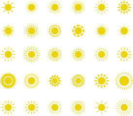 Sun icon set. Yellow sun star icons or logo collection. Summer, sunlight, sunset, sunburst. Vector illustration.