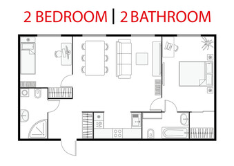 Plan floor apartment. Studio, condominium. Two bedroom layout floor plan. Interior design elements kitchen, bedroom, bathroom with furniture. Vector floorplan living room. Blueprint architectural plan