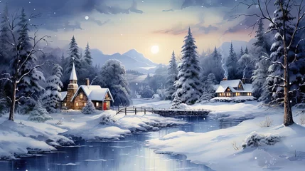 Foto op Aluminium Minimalistic winter panoramic landscape with Copy space, illustration watercolor style. © Irina
