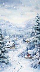 Fototapeta premium Minimalistic winter panoramic landscape with Copy space, illustration watercolor style.