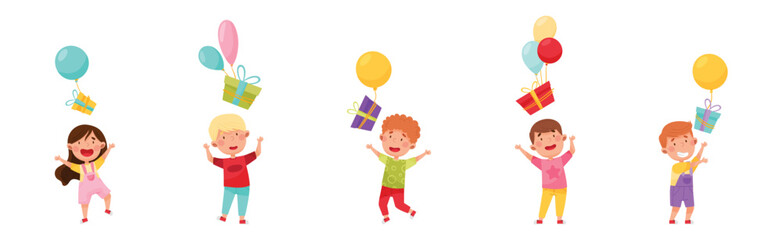 Happy Kid Characters Catching Gift Box with Balloon Vector Set