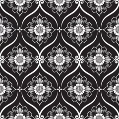 Behang Seamless wallpaper pattern with black and white flowers in a damask design. © dom45