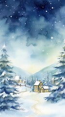 Naklejka premium Minimalistic winter panoramic landscape with Copy space, illustration watercolor style.