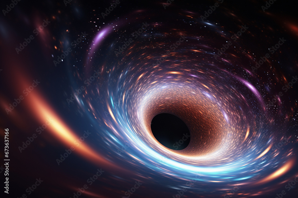Wall mural a black hole with a glowing constellation of various colors revolves around a black hole in the univ